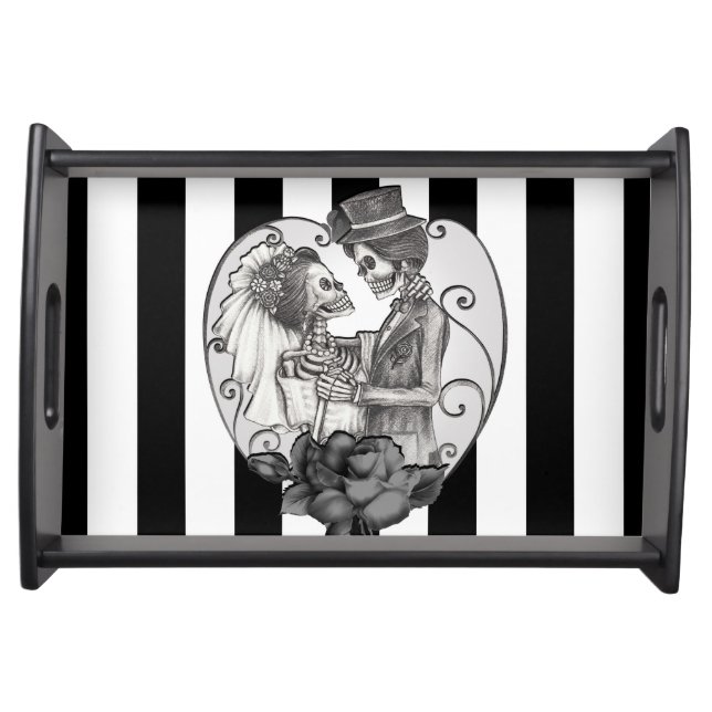 Striped Skeleton Love Couple Marriage Dance Serving Tray (Front)
