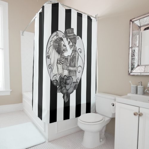 Striped Skeleton Love Couple Marriage Dance Shower Curtain