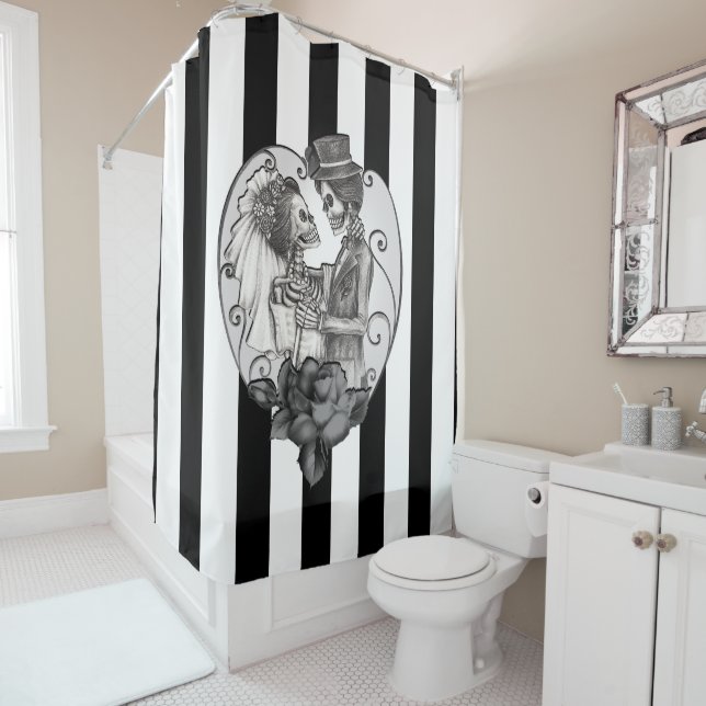 Striped Skeleton Love Couple Marriage Dance Shower Curtain (In Situ)