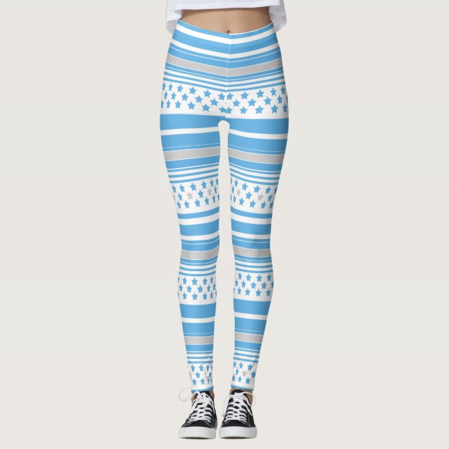 Striped sky blue pattern with stars leggings (Front)
