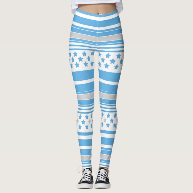 Striped sky blue pattern with stars leggings (Front)