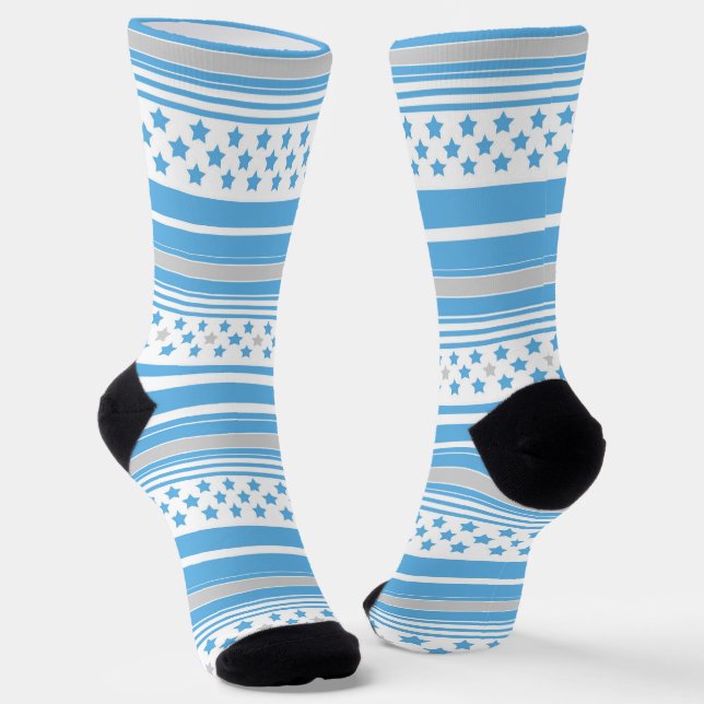 Striped sky blue pattern with stars socks (Angled)