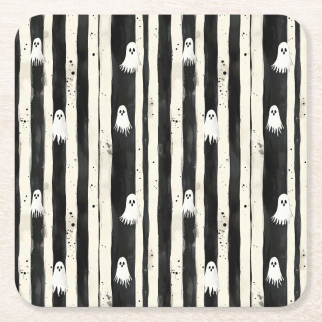 Striped Spirits – A Parade of Ghostly Whimsy Square Paper Coaster (Front)