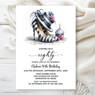 Striped Stiletto Shoes 80th Birthday Invitation
