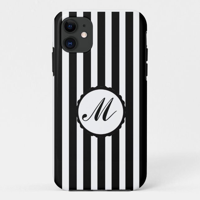Striped Stripe Black and White Custom Monogram Case-Mate iPhone Case (Back)