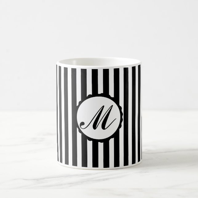 Striped Stripe Black White Custom Monogram Mug (Center)