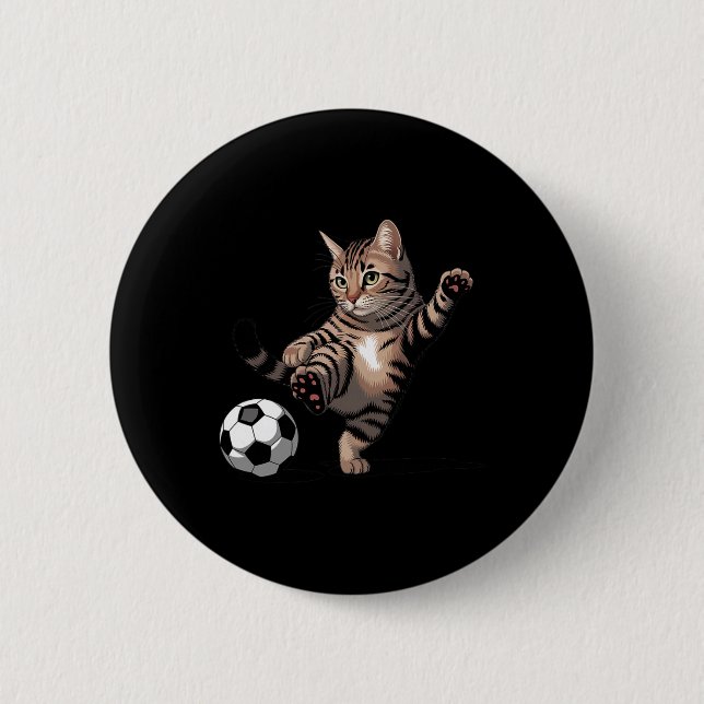 Striped Tabby Cat Kicking Soccer Ll Funny Cat Love Button (Front)