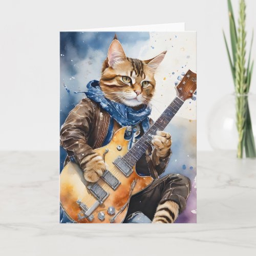Striped Tabby Cat Rock Star Playing Guitar Blue Card