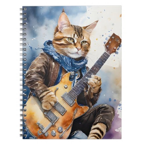 Striped Tabby Cat Rock Star Playing Guitar Blue Notebook