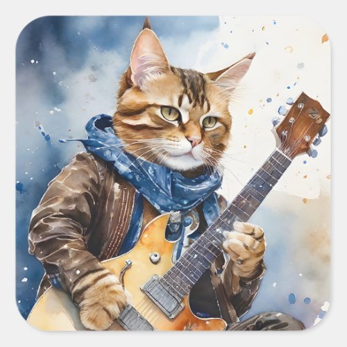 Striped Tabby Cat Rock Star Playing Guitar Blue Square Sticker