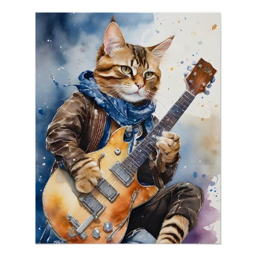 Striped Tabby Cat Rock Star Playing Guitar Brown Poster