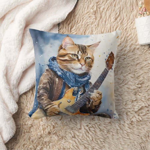 Striped Tabby Cat Rock Star Playing Guitar Brown  Throw Pillow