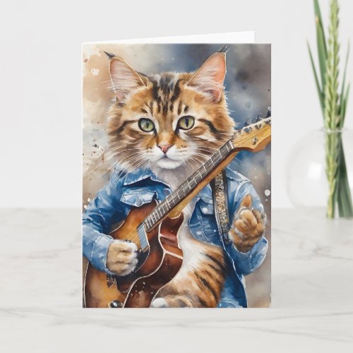 Striped Tabby Cat Rock Star Playing the Guitar Card