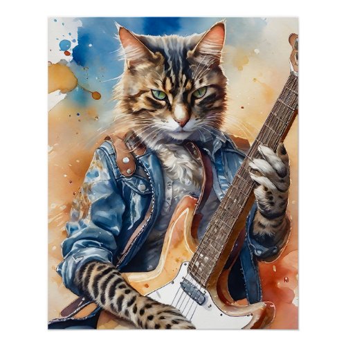 Striped Tabby Cat Rock Star Playing the Guitar Poster