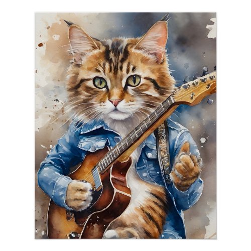 Striped Tabby Cat Rock Star Playing the Guitar Poster
