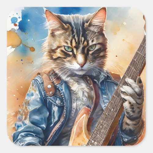 Striped Tabby Cat Rock Star Playing the Guitar Square Sticker