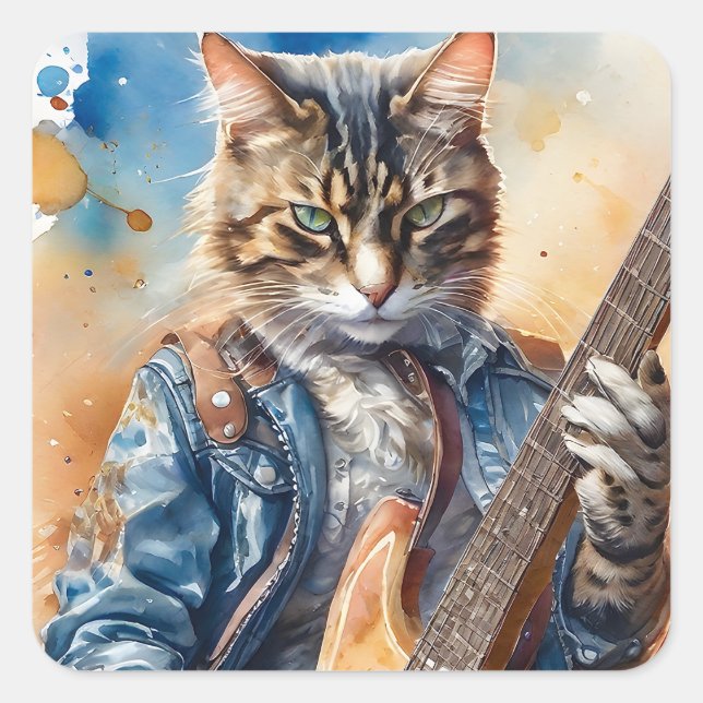 Striped Tabby Cat Rock Star Playing the Guitar Square Sticker (Front)