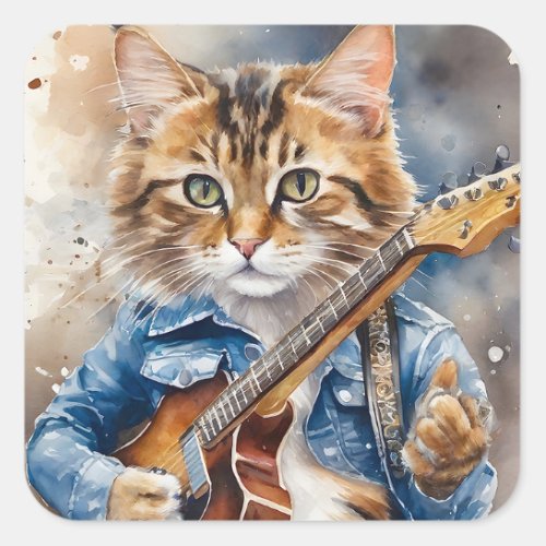 Striped Tabby Cat Rock Star Playing the Guitar Square Sticker