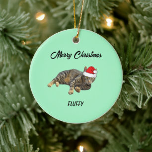 Striped Tabby Cat with Santa Hat Ceramic Ornament