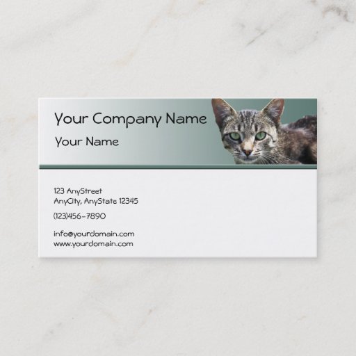 Customizable Striped Tabby with Green Eyes on Green Gradient Business Card Template