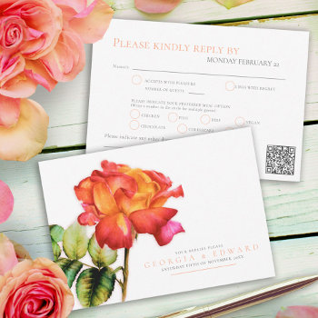 Striped Tea Rose Watercolor Wedding Qr Code Meals Rsvp Card by mylittleedenweddings at Zazzle