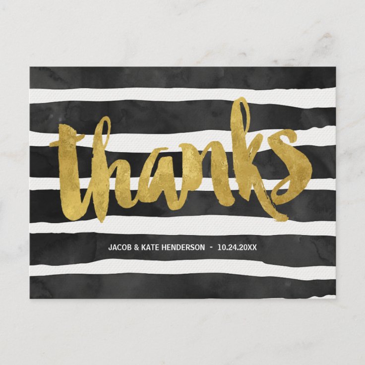 Striped Thanks Faux Gold Foil Thank You Postcard Zazzle
