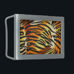Striped Tiger Fur Print Pattern Rectangular Belt Buckle<br><div class="desc">This trendy animal print belt buckle features a striped tiger print pattern with black animal stripes on a very bright orange, yellow and cream fur background. Bring out the wild cat in you with this cool feline design. It's the perfect bold, original look for animal lovers. Check our shop for...</div>