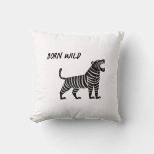 Striped Tiger Illustration – Minimalist Folk Anima Throw Pillow