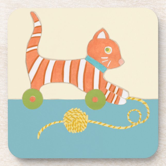 Striped Toy Cat with Ball of String Beverage Coaster (Front)