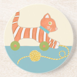Striped Toy Cat with Ball of String Coaster