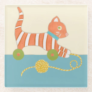 Striped Toy Cat with Ball of String Glass Coaster