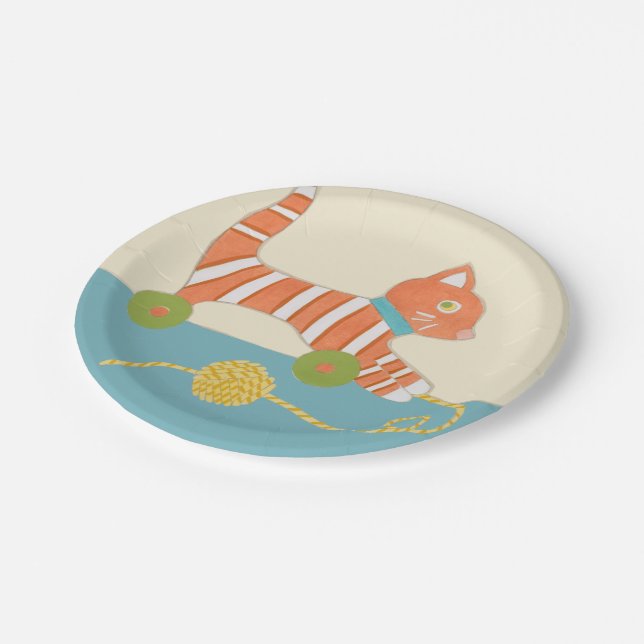 Striped Toy Cat with Ball of String Paper Plates (Angled)