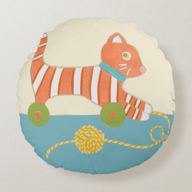 Striped Toy Cat with Ball of String Round Pillow (Front)
