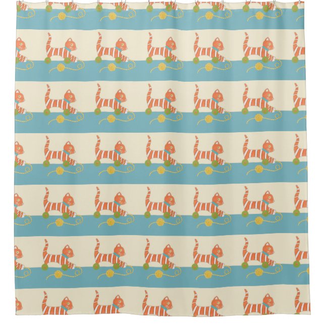 Striped Toy Cat with Ball of String Shower Curtain (Front)
