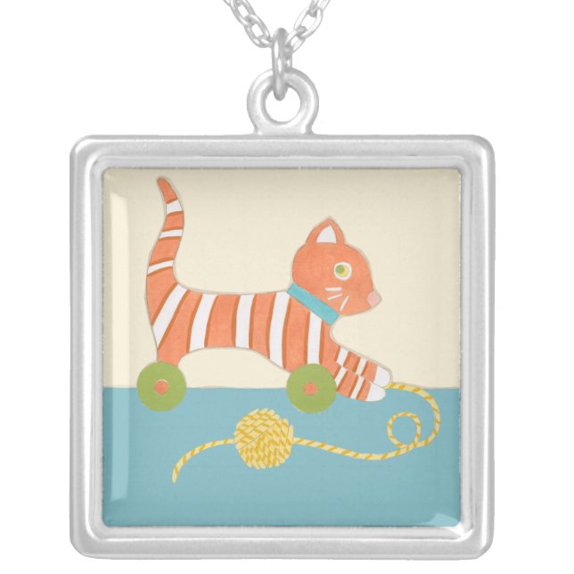 Striped Toy Cat with Ball of String Silver Plated Necklace (Front)
