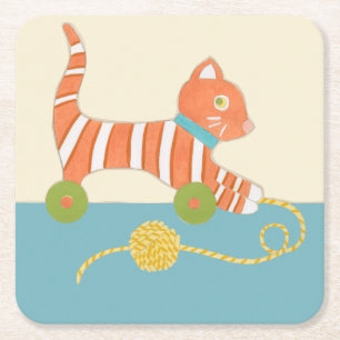 Striped Toy Cat with Ball of String Square Paper Coaster