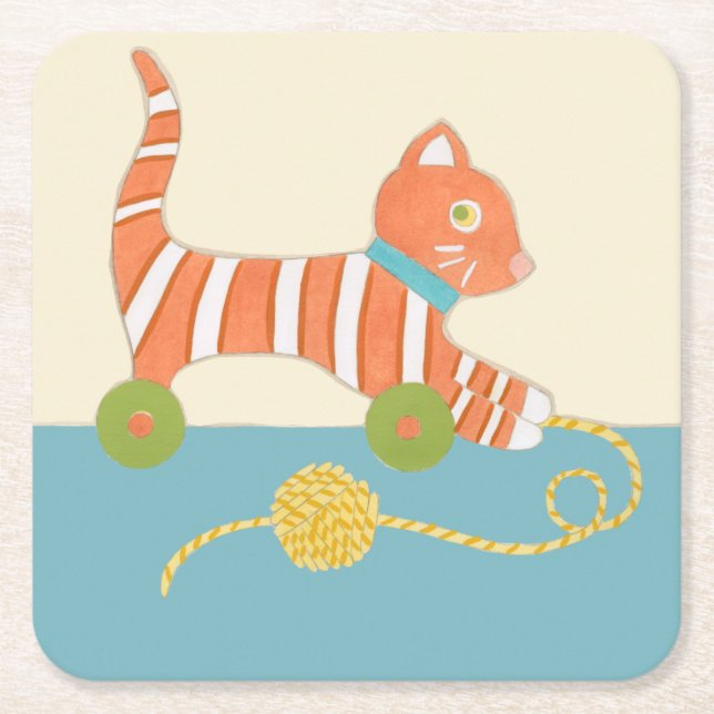 Striped Toy Cat with Ball of String Square Paper Coaster (Front)