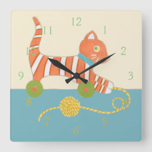 Striped Toy Cat with Ball of String Square Wall Clock