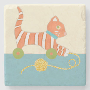 Striped Toy Cat with Ball of String Stone Coaster