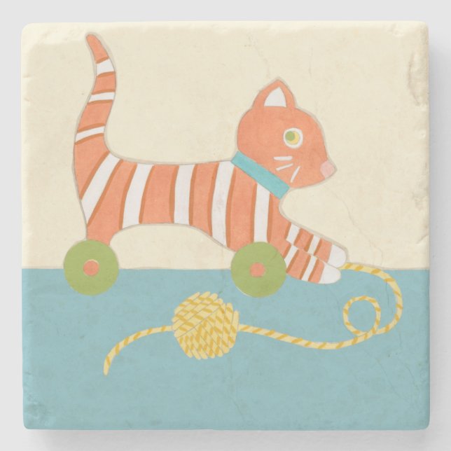 Striped Toy Cat with Ball of String Stone Coaster (Front)