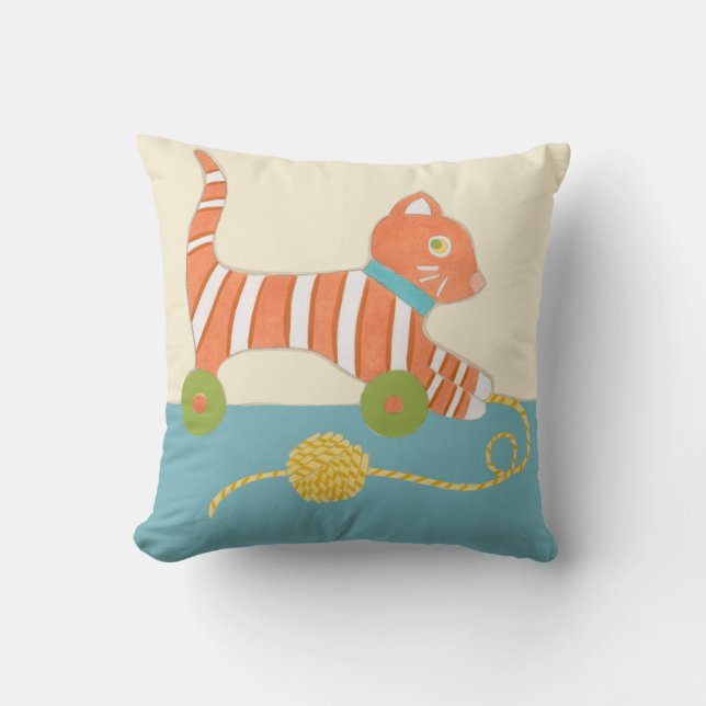 Striped Toy Cat with Ball of String Throw Pillow (Front)