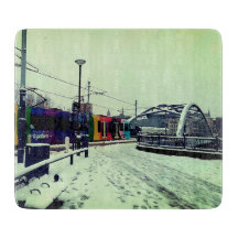 Striped tram , with bridge