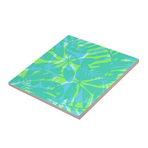 Striped tropical leaves ceramic tile