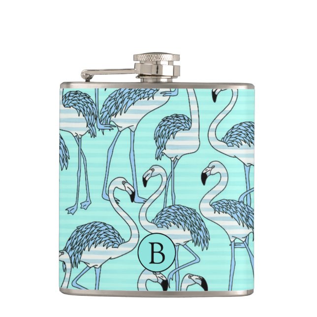 Striped Turquoise Flamingos Pattern Monogram Flask (Front)