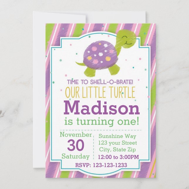 Striped Turtle Birthday Invitation (purple) (Front)