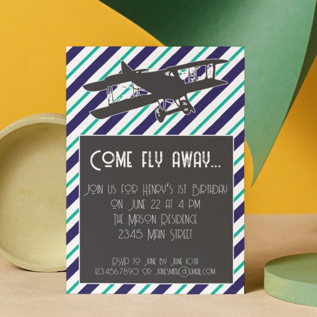 Striped Vintage Airplane Birthday Invitation (Creator Uploaded)