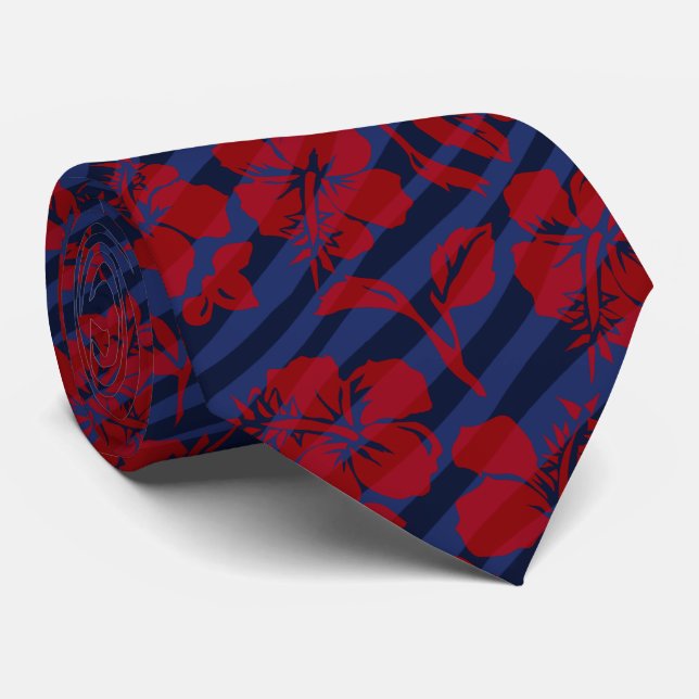 Striped Vintage Hibiscus Hawaiian 2-sided Printed Tie (Rolled)