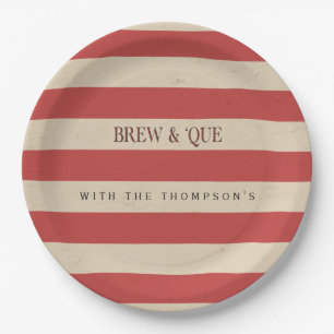 Striped Vintage Red/Tan   Brew & 'Que Personalized Paper Plates