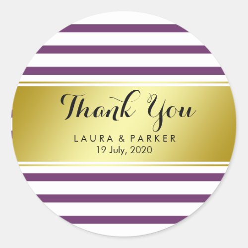 Striped Violet Gold  Foil Thank You Wedding Classic Round Sticker