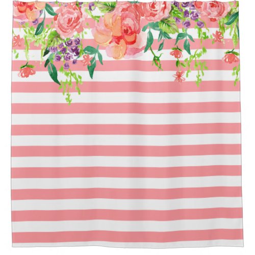 Striped Watercolor Floral Roses Lavender Purple Shower Curtain